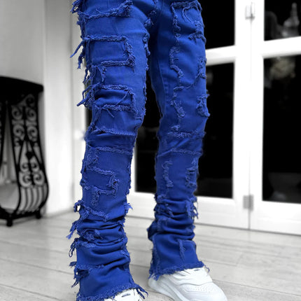 New Men's Denim Straight Pants European And American Street Fashion Stretch Patch Denim Straight Pants — Blue