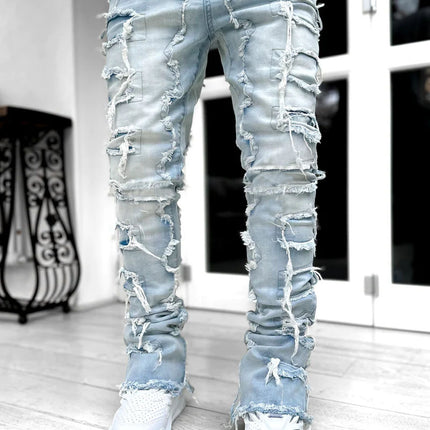 New Men's Denim Straight Pants European And American Street Fashion Stretch Patch Denim Straight Pants — Light blue