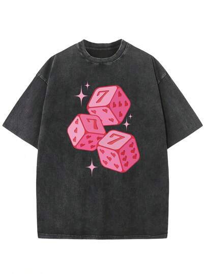 Pink Dice With Stars Graphic Printed Street Style Men's Short Sleeves — BLACK