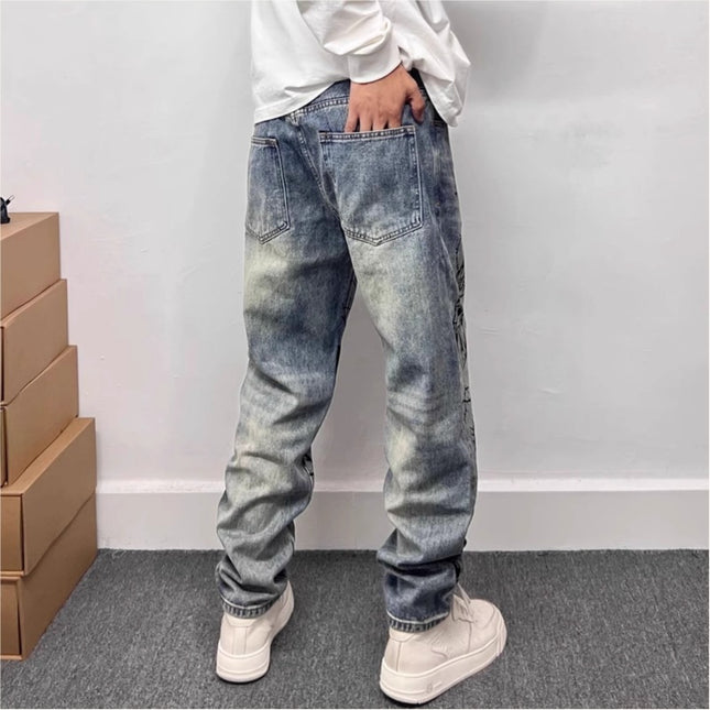 Retro Blue Skinny Jeans High Street Graffiti Printing Loose — view 2