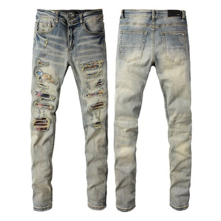 Meigao Street Vintage Crumpled Ripped Cat Beard Patch Printed Jeans Men — view 2