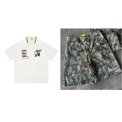 Retro Lapel Letter-embroidered Short-sleeve T-shirt — White set3