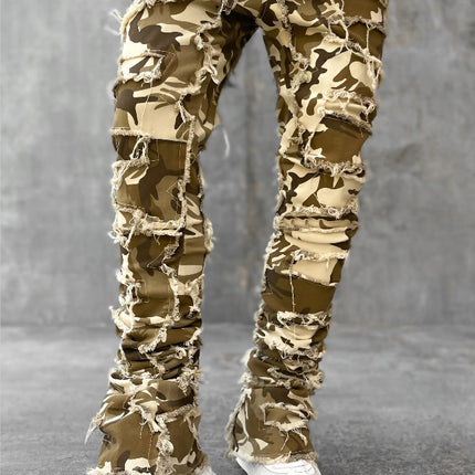 New Men's Denim Straight Pants European And American Street Fashion Stretch Patch Denim Straight Pants — Camouflage