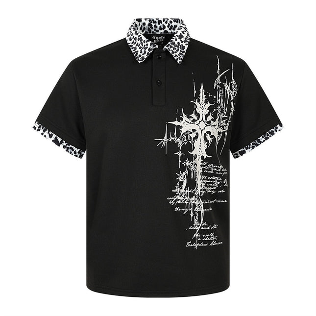 Graffiti Leopard-print Lapel Short-sleeve T-shirt For Men — Black