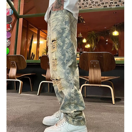 Nostalgic Loose Straight-Leg Ripped Printed Denim Jeans — view 2