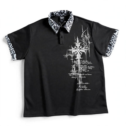Graffiti Leopard-print Lapel Short-sleeve T-shirt For Men