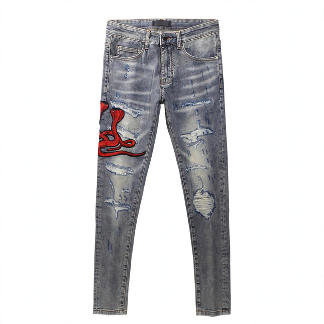 Worn Looking Washed-out Hole Patch Trendy Brand Embroidered Slim Fit Jeans — view 1