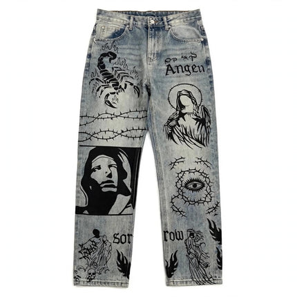 Retro Blue Skinny Jeans High Street Graffiti Printing Loose — view 1