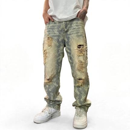 Nostalgic Loose Straight-Leg Ripped Printed Denim Jeans