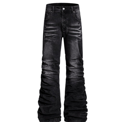 Mens Niche Designer-style Heavy-pleated Textured Denim Jeans — Black