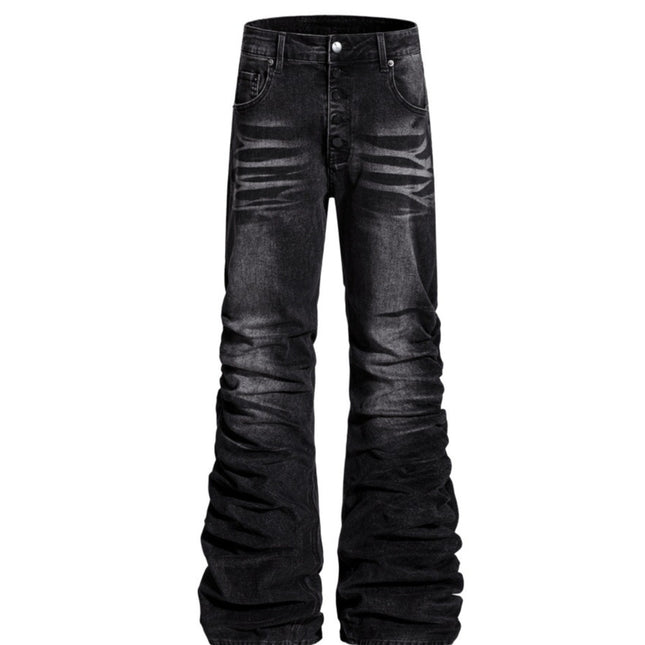 Mens Niche Designer-style Heavy-pleated Textured Denim Jeans — Black