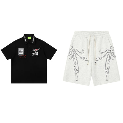 Retro Lapel Letter-embroidered Short-sleeve T-shirt — Black set1