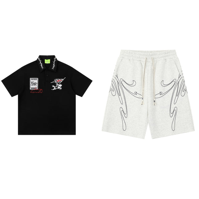 Retro Lapel Letter-embroidered Short-sleeve T-shirt — Black set1