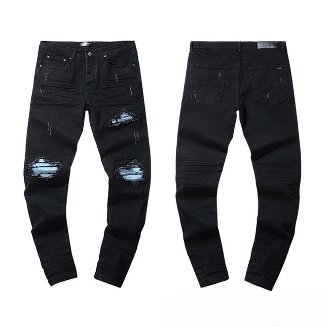 Casual Denim Jeans With Embroidered Ripped Patches — AM302
