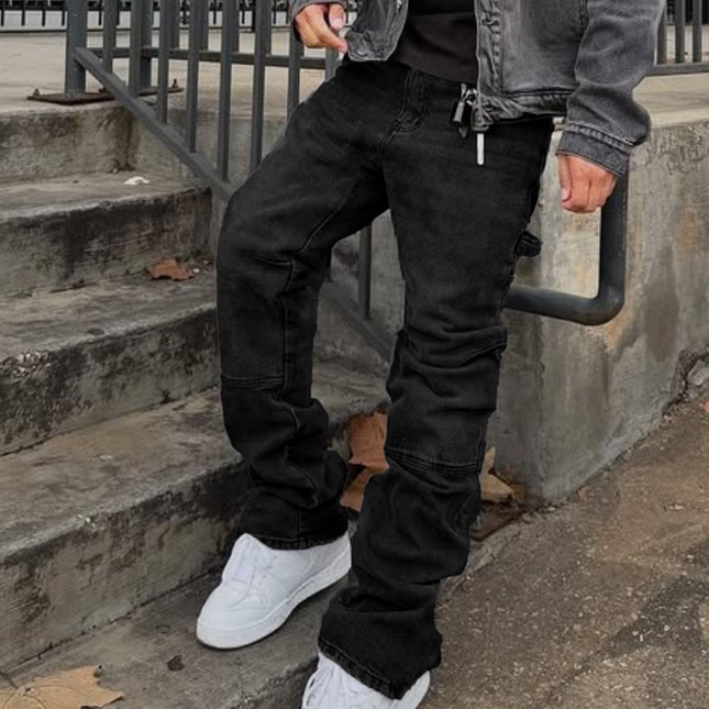 Wide-leg Casual Ripped Hip-hop Stretch Bootcut Trousers — Black