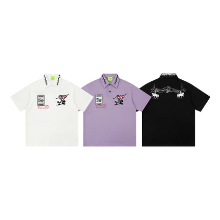 Retro Lapel Letter-embroidered Short-sleeve T-shirt — view 5
