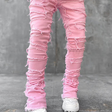 New Men's Denim Straight Pants European And American Street Fashion Stretch Patch Denim Straight Pants — Pink