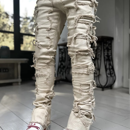 New Men's Denim Straight Pants European And American Street Fashion Stretch Patch Denim Straight Pants — Apricot