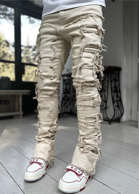 New Men's Denim Straight Pants European And American Street Fashion Stretch Patch Denim Straight Pants — Apricot