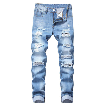 Men's Ripped Straight Slim Fit Non-stretch Jeans — Light Blue