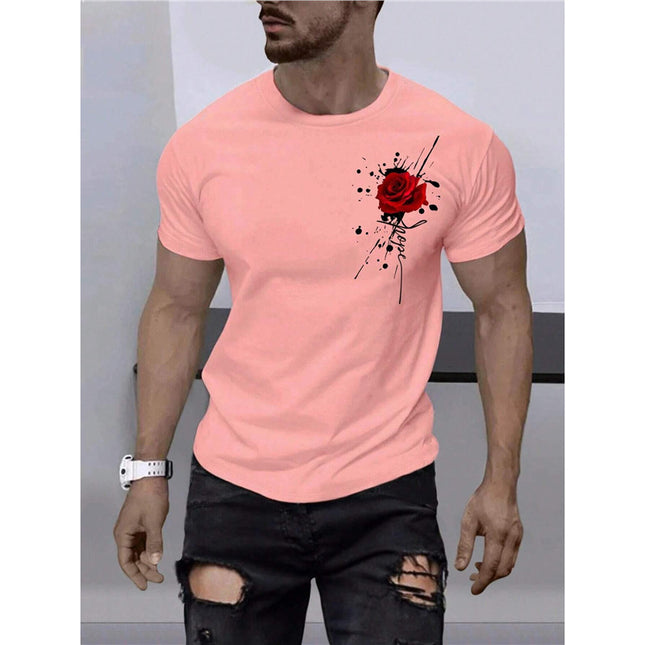 Round-neck Short-sleeve Top With A Rose Print — 1color