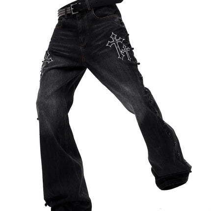 Cross-design Patchwork Bootcut Jeans For Men — view 4