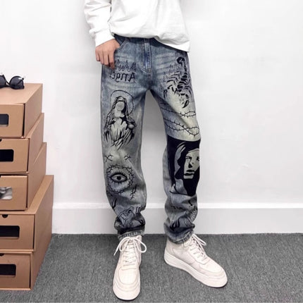 Retro Blue Skinny Jeans High Street Graffiti Printing Loose — view 4