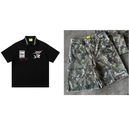 Retro Lapel Letter-embroidered Short-sleeve T-shirt — Black set3