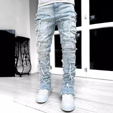New Men's Denim Straight Pants European And American Street Fashion Stretch Patch Denim Straight Pants — view 3