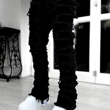 New Men's Denim Straight Pants European And American Street Fashion Stretch Patch Denim Straight Pants — Black