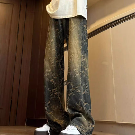Mens American-Style Retro Jacquard Denim Jeans — Dark Blue