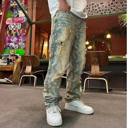 Nostalgic Loose Straight-Leg Ripped Printed Denim Jeans — view 5