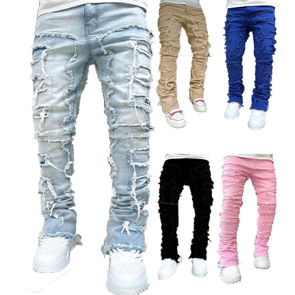 New Men's Denim Straight Pants European And American Street Fashion Stretch Patch Denim Straight Pants — view 1