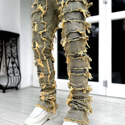 New Men's Denim Straight Pants European And American Street Fashion Stretch Patch Denim Straight Pants — Nostalgic blue