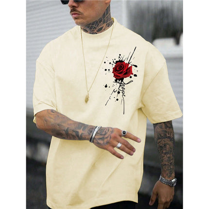 Round-neck Short-sleeve Top With A Rose Print — 2color