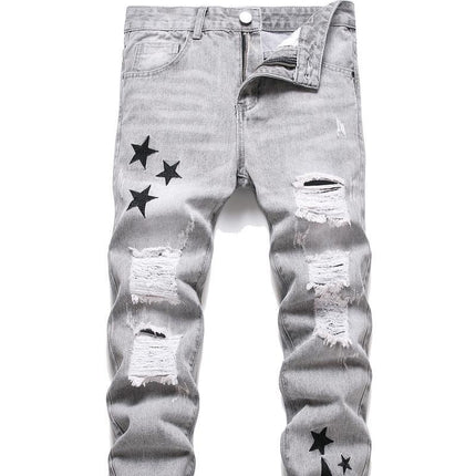 Men's Motorcycle Zipper-Decorated Jeans Slim Fit Ripped — 1009Gray