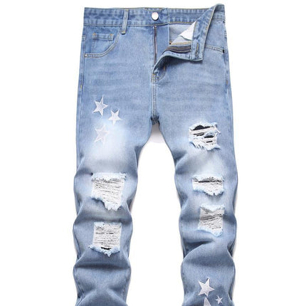 Men's Motorcycle Zipper-Decorated Jeans Slim Fit Ripped — 1012Blue