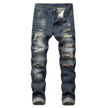 Men's Ripped Straight Slim Fit Non-stretch Jeans — Dark Blue