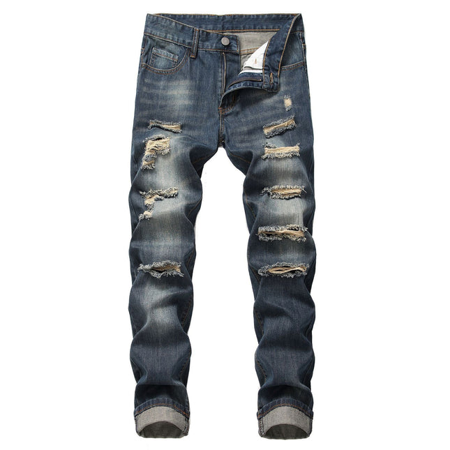 Men's Ripped Straight Slim Fit Non-stretch Jeans — Dark Blue