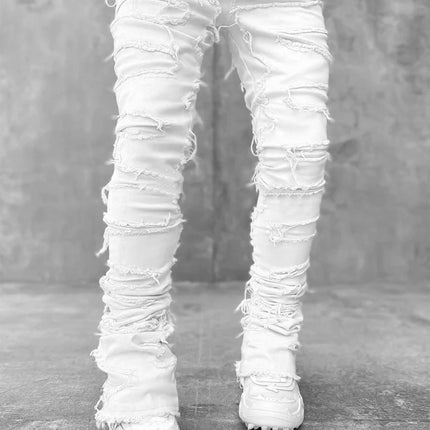 New Men's Denim Straight Pants European And American Street Fashion Stretch Patch Denim Straight Pants — White