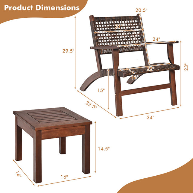 3 Pieces Outdoor Wooden Patio Rattan Furniture Set — Brown