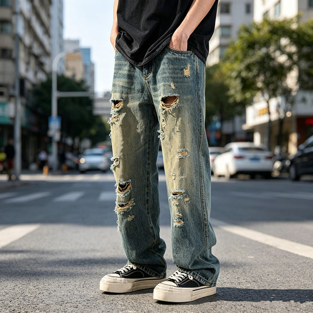 Mens Distressed Baggy Casual Pants With Rips — Denim Blue