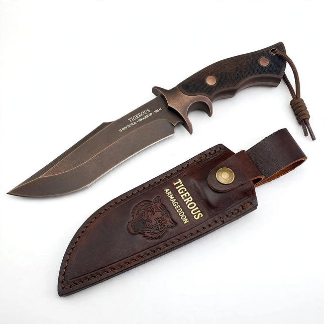 TIGEROUS Tactical 15-Inch Bowie Knife with Leather Sheath — ARMAGEDDON
