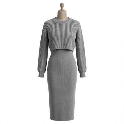 Women's Solid Stripe Long-sleeved Top And Tight Suspender Skirt — view 1
