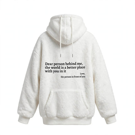 Women's Plush Letter Printed Kangaroo Pocket Drawstring Hoodie - White Background