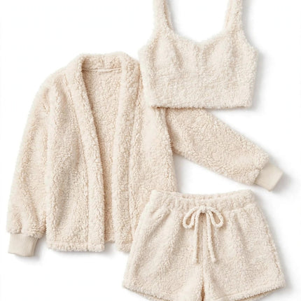 Womens Long Sleeve Crop Tank Top And Drawstring Shorts Pajama Set - White Background