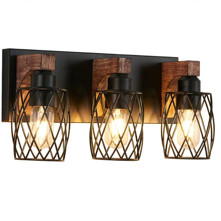 Black Cage Wall Lighting Fixture With Wooden Accents - White Background