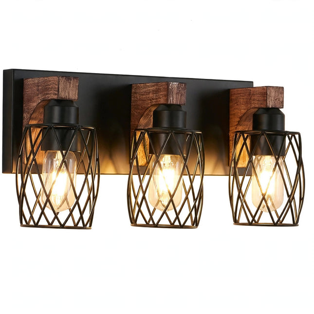 Black Cage Wall Lighting Fixture With Wooden Accents - White Background
