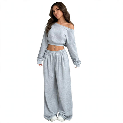 Casual 2-piece Set One-shoulder Long-sleeved Sweatshirt Women's Suit Autumn New Fashion Elastic Waist Tie Loose Sports Trousers