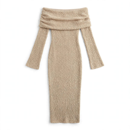 New One-shoulder Knitted Long-sleeved Dress Sexy Beach Holiday Long Dresses Womens Clothing - White Background
